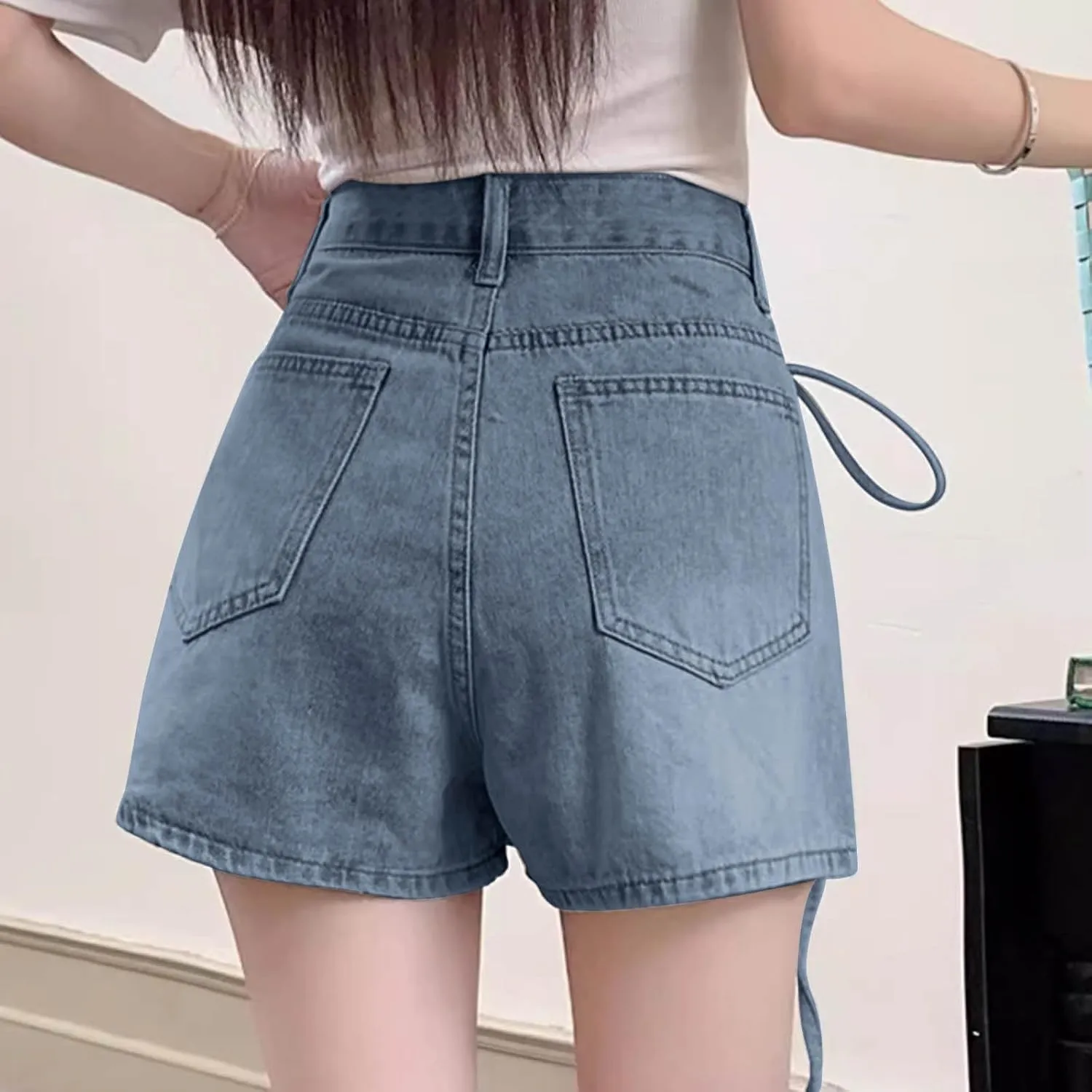 HGps8w Women's Summer Denim Mini Skirt Chic Wrap Tie Side High Waisted Skorts A-Line Short Jeans Skirts with Pockets