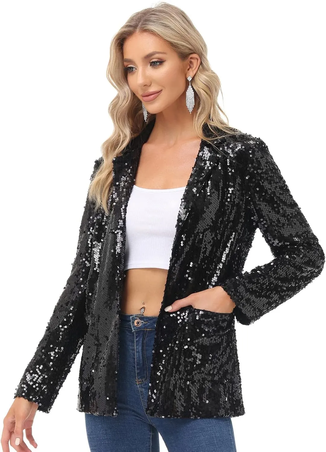 KANCY KOLE Women's Sequin Jackets Open Front Blazer Jacket Casual Long Sleeve Sparkly Cardigan Coat with Pocket S-XXL