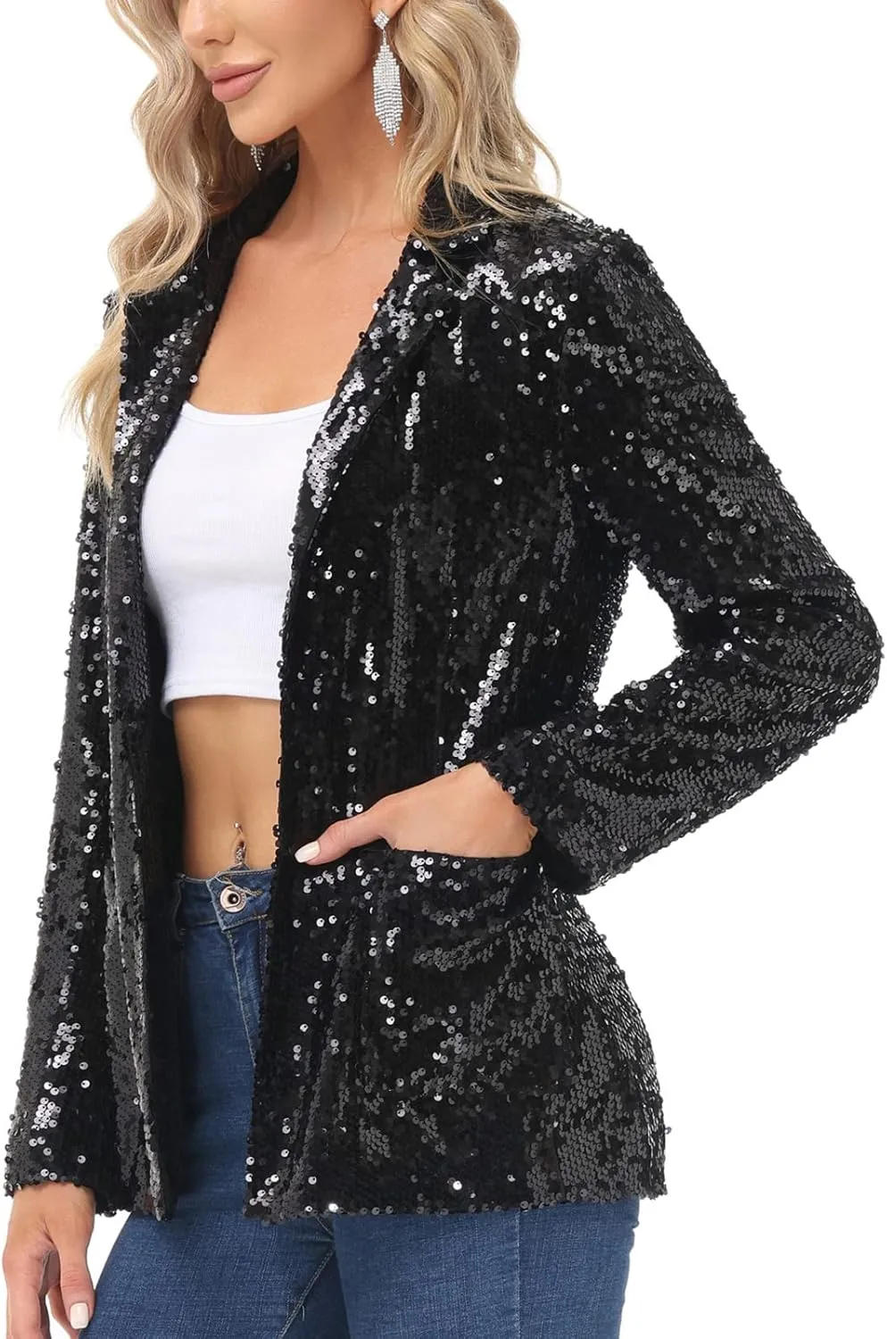 KANCY KOLE Women's Sequin Jackets Open Front Blazer Jacket Casual Long Sleeve Sparkly Cardigan Coat with Pocket S-XXL
