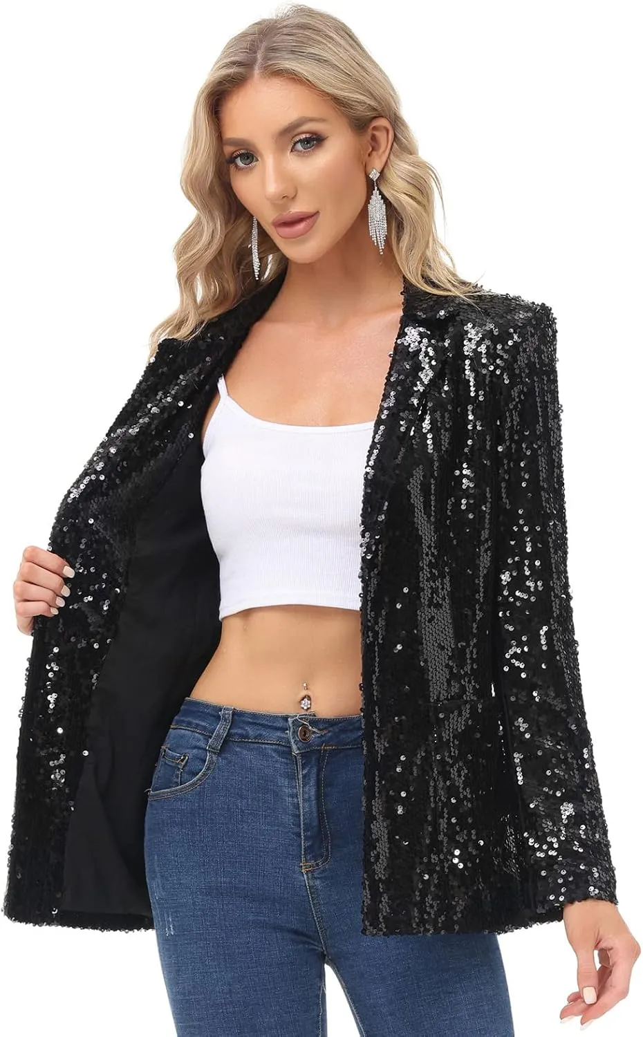 KANCY KOLE Women's Sequin Jackets Open Front Blazer Jacket Casual Long Sleeve Sparkly Cardigan Coat with Pocket S-XXL