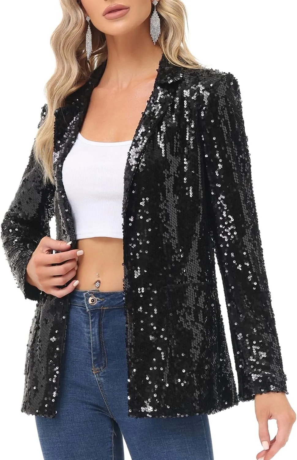 KANCY KOLE Women's Sequin Jackets Open Front Blazer Jacket Casual Long Sleeve Sparkly Cardigan Coat with Pocket S-XXL