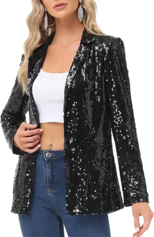 KANCY KOLE Women's Sequin Jackets Open Front Blazer Jacket Casual Long Sleeve Sparkly Cardigan Coat with Pocket S-XXL