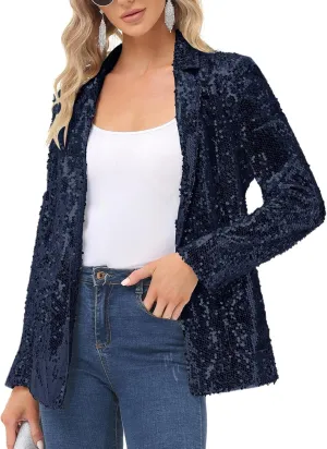KANCY KOLE Women's Sequin Jackets Open Front Blazer Jacket Casual Long Sleeve Sparkly Cardigan Coat with Pocket S-XXL