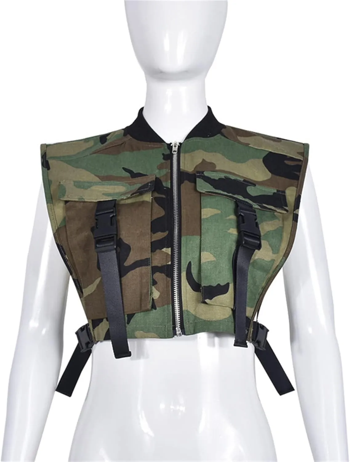 LETSVDO Women's Sexy Camo Halter Vest Backless Sleeveless Lapel V Neck Button Down Jean Crop Tank Top