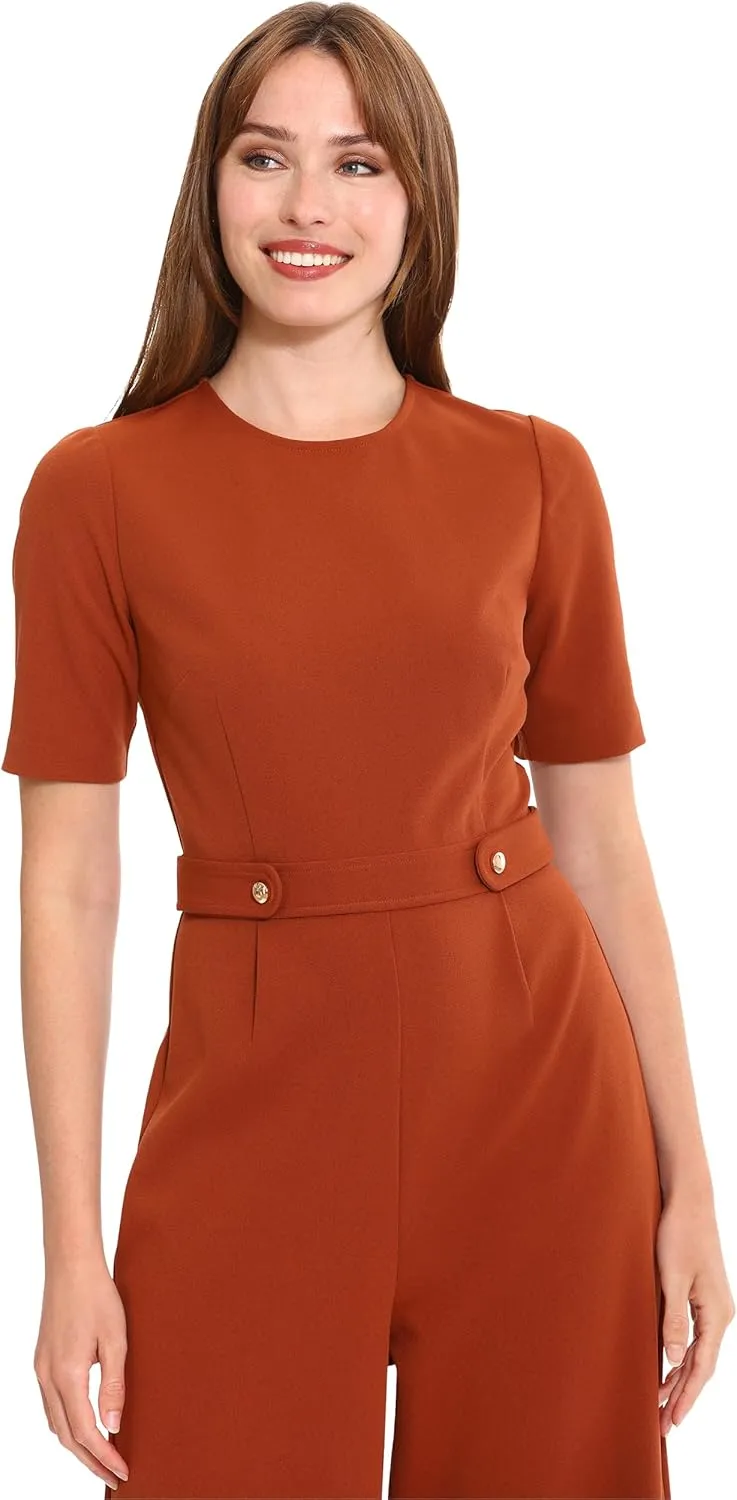 London Times womens Cropped Leg Crew Neck Side Tab Cropped Jumpsuit Polished Versatile Chic Career