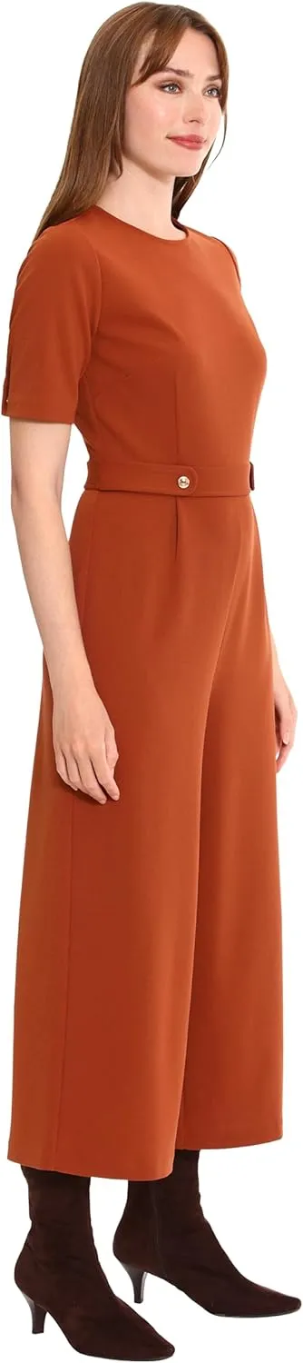 London Times womens Cropped Leg Crew Neck Side Tab Cropped Jumpsuit Polished Versatile Chic Career