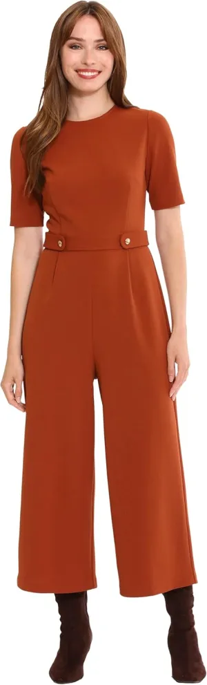 London Times womens Cropped Leg Crew Neck Side Tab Cropped Jumpsuit Polished Versatile Chic Career