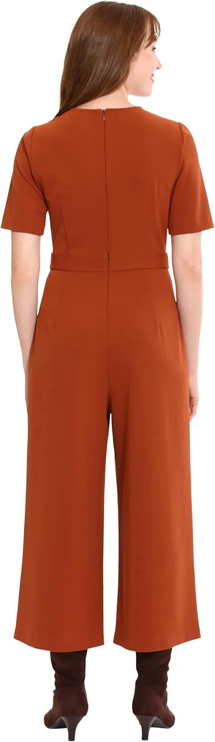 London Times womens Cropped Leg Crew Neck Side Tab Cropped Jumpsuit Polished Versatile Chic Career