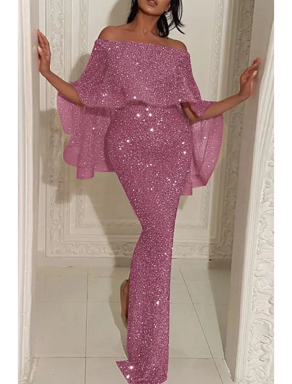 Luolandi Mermaid / Trumpet Evening Gown Sparkle & Shine Dress Formal Wedding Guest Sweep / Brush Train Sleeveless Off Shoulder Capes Sequined