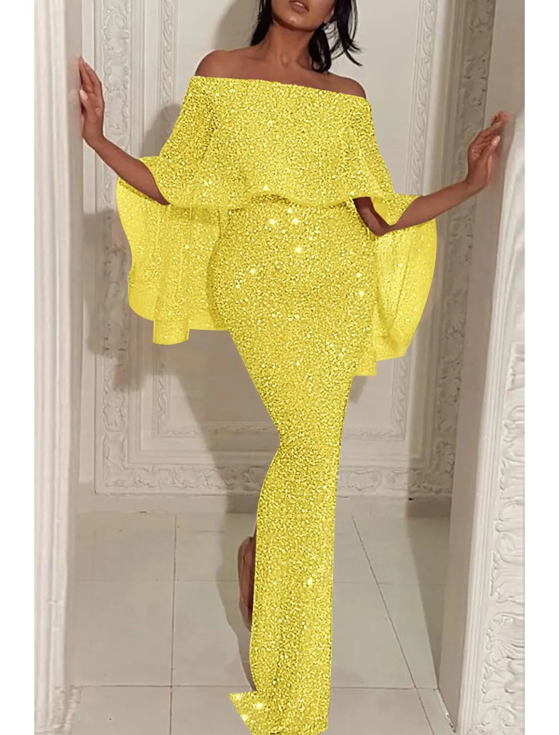 Luolandi Mermaid / Trumpet Evening Gown Sparkle & Shine Dress Formal Wedding Guest Sweep / Brush Train Sleeveless Off Shoulder Capes Sequined