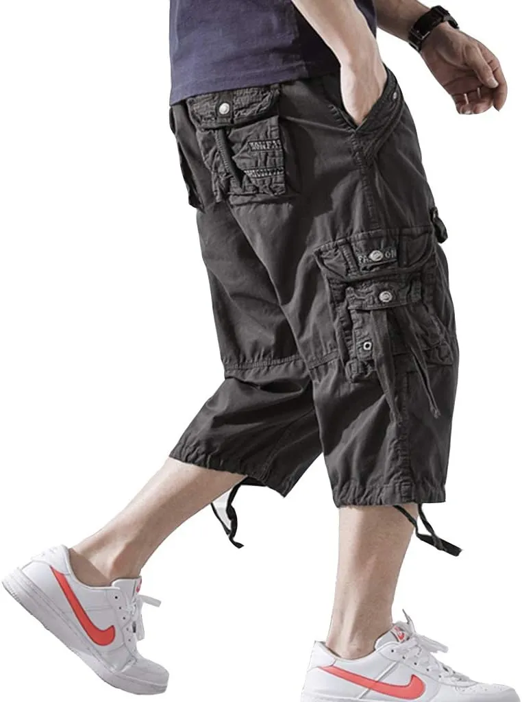 Mens Cargo Shorts 3/4 Relaxed Fit Below Knee Capri Cargo Pants Cotton