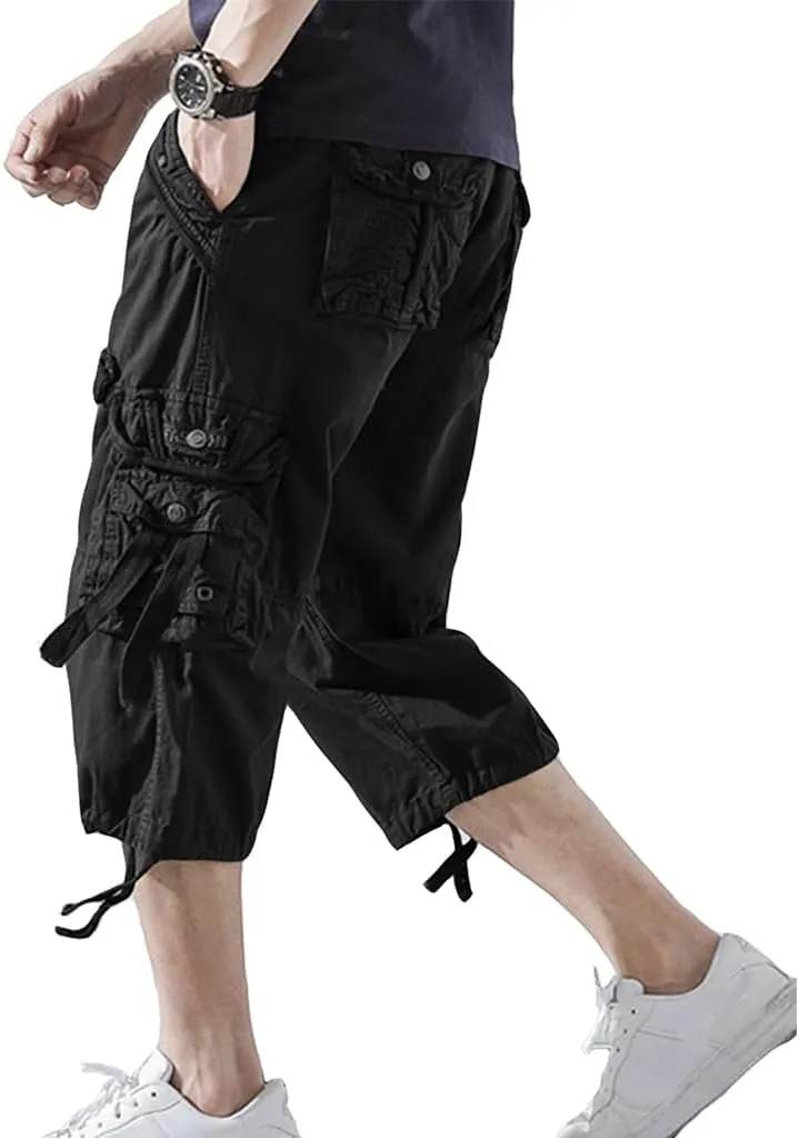 Mens Cargo Shorts 3/4 Relaxed Fit Below Knee Capri Cargo Pants Cotton