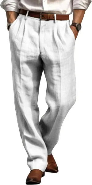 Men's Linen Pants Lightweight Straight Leg Pleated Leisure Trouser Relaxed Fit Casual Yoga Beach Work Dress Pant