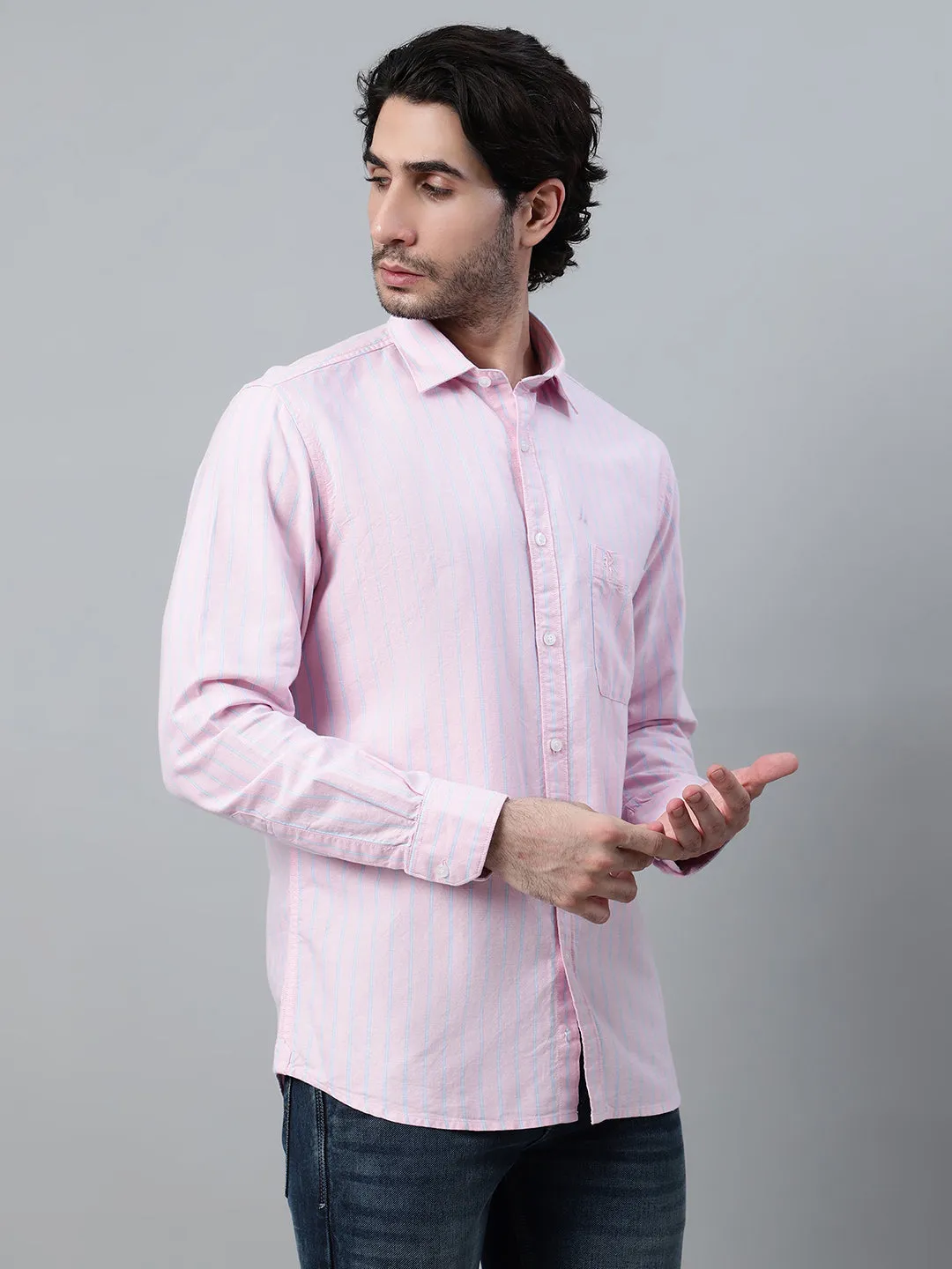 Men's Pink Casual Narrow Stripe Full Sleeve Shirt