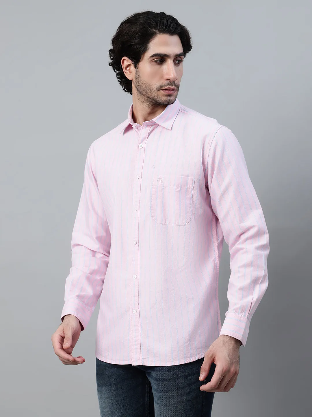 Men's Pink Casual Narrow Stripe Full Sleeve Shirt