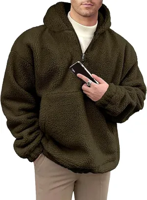 Mens Sherpa Fuzzy Pullover Hoodie Sweatshirts 1/4 Zip Up Oversized Outwear Top Long Sleeve Fleece Jacket With Pockets