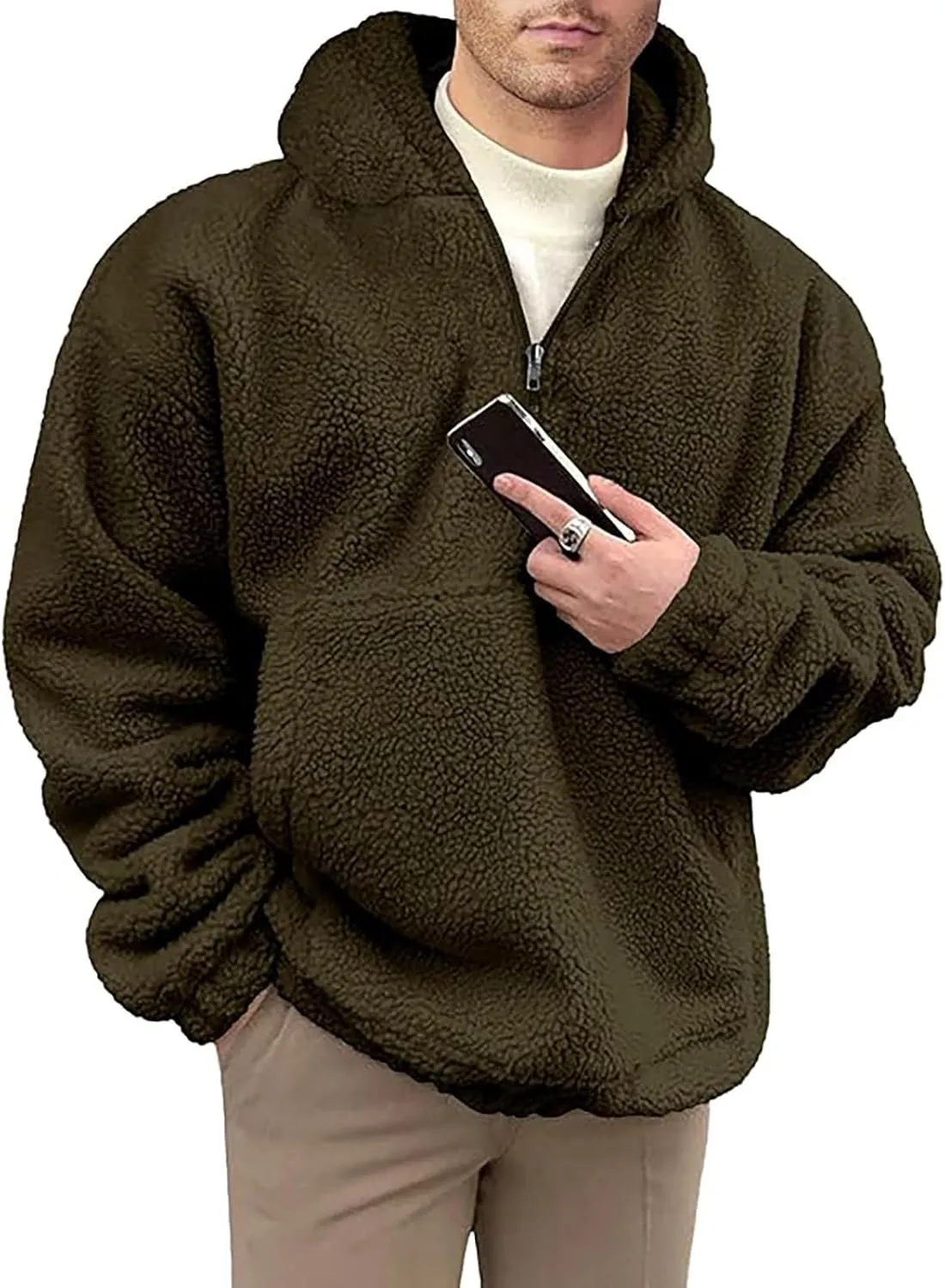 Mens Sherpa Fuzzy Pullover Hoodie Sweatshirts 1/4 Zip Up Oversized Outwear Top Long Sleeve Fleece Jacket With Pockets