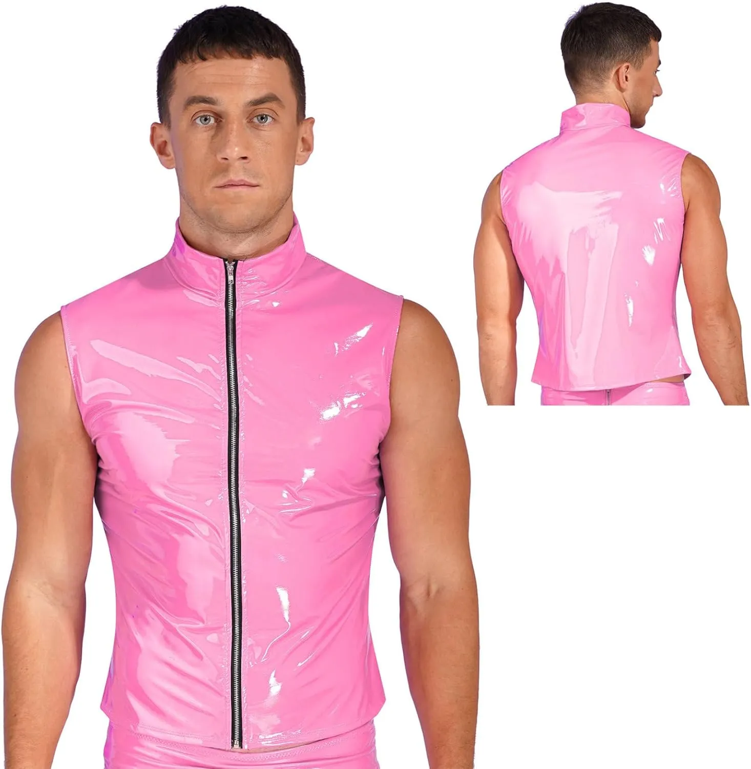 Mens Wet Look Faux Leather Zipper Sleeveless Jacket T-Shirts Slim Fit Muscle Tops Waistcoat
