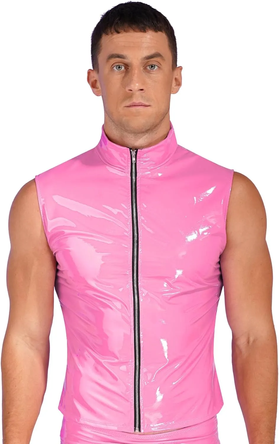 Mens Wet Look Faux Leather Zipper Sleeveless Jacket T-Shirts Slim Fit Muscle Tops Waistcoat