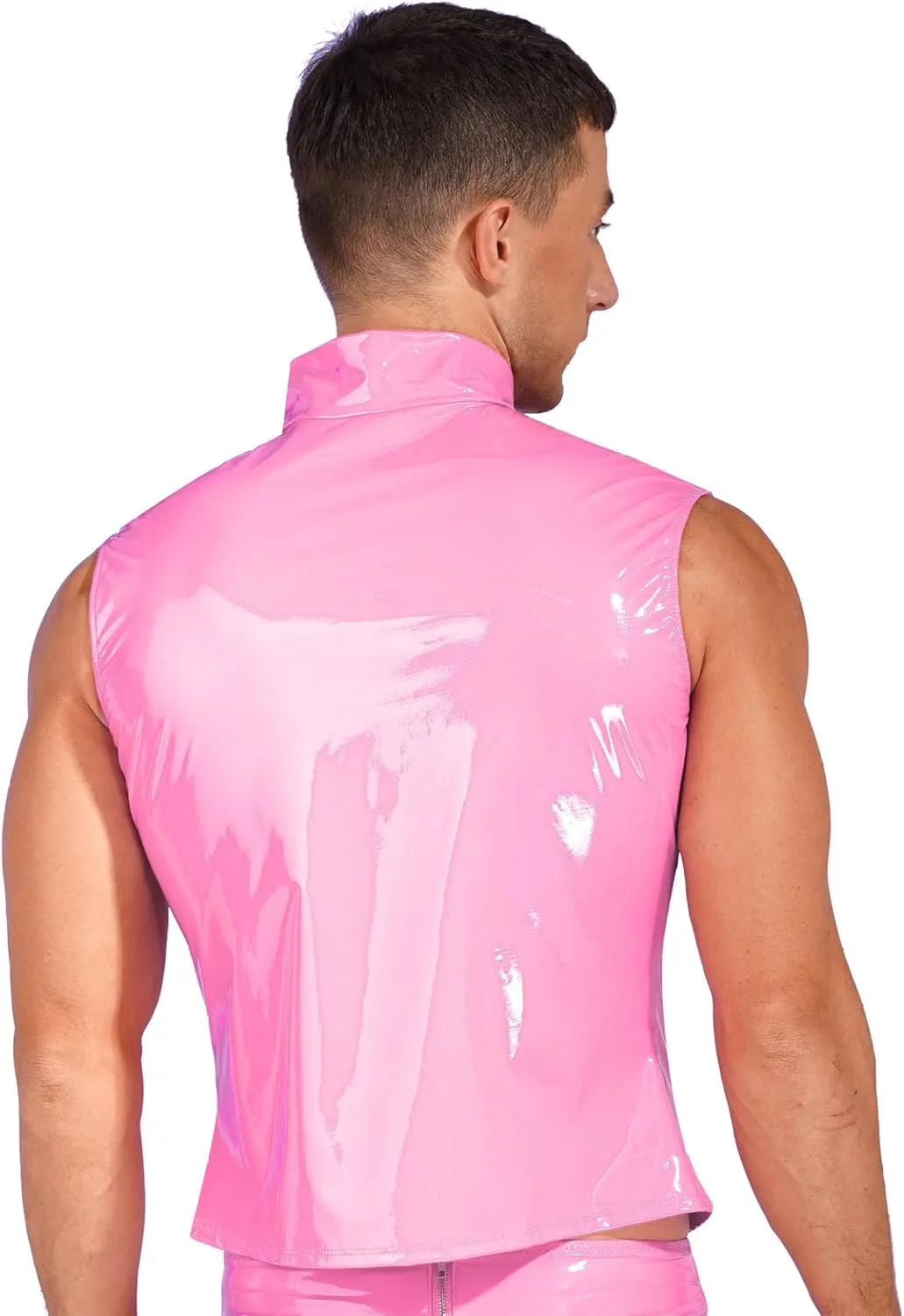Mens Wet Look Faux Leather Zipper Sleeveless Jacket T-Shirts Slim Fit Muscle Tops Waistcoat