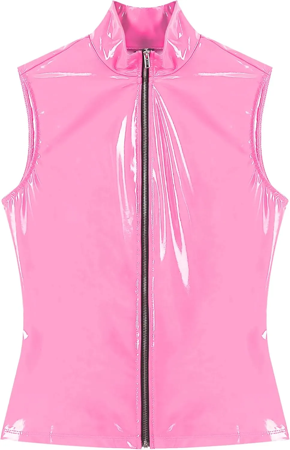 Mens Wet Look Faux Leather Zipper Sleeveless Jacket T-Shirts Slim Fit Muscle Tops Waistcoat