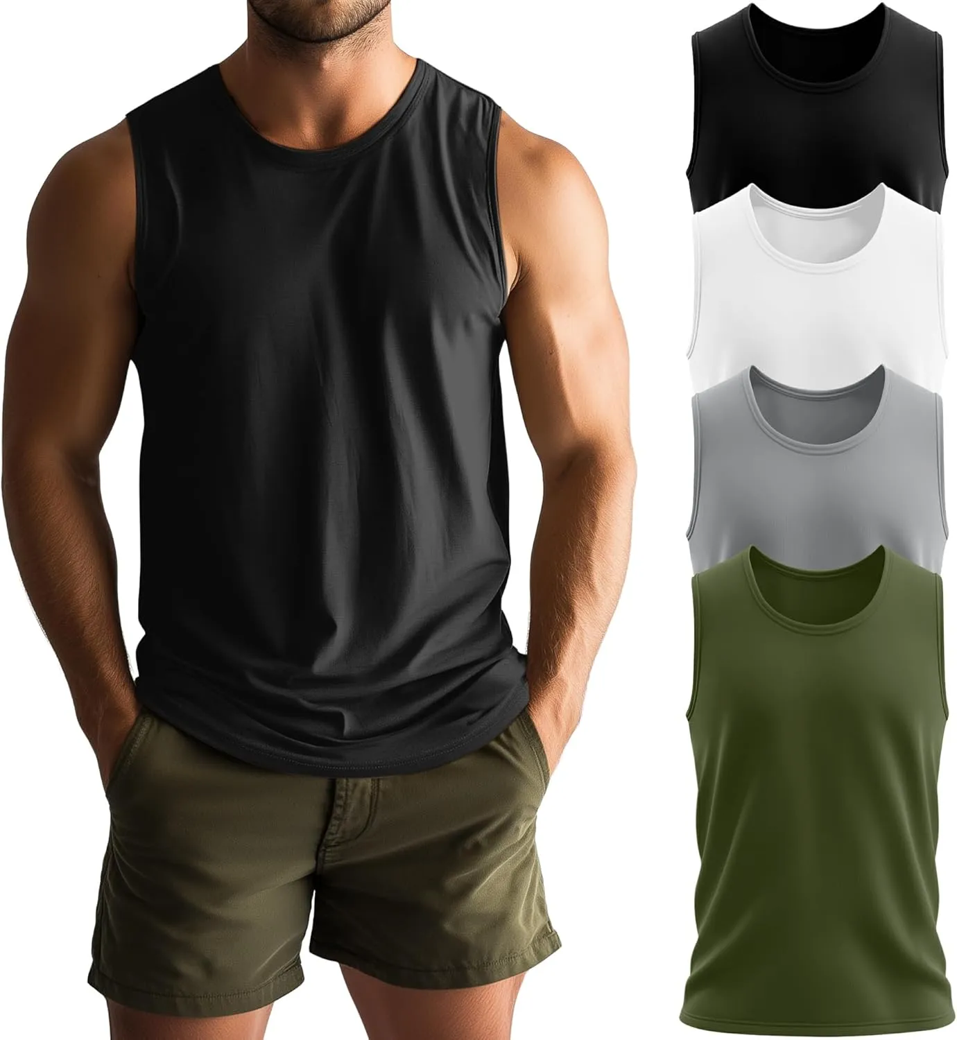 Neer 4 Pack Men's Big & Tall Tank Tops, Sleeveless Cotton Crew Neck T Shirts Casual Classic Shirts Muscle Quick Dry Tees