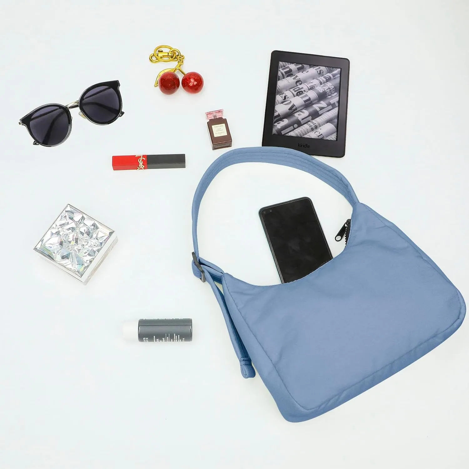 Nylon Shoulder Bag - Adjustable Quilted Strap, Structured Slouchy Design with Interior Zip Pocket