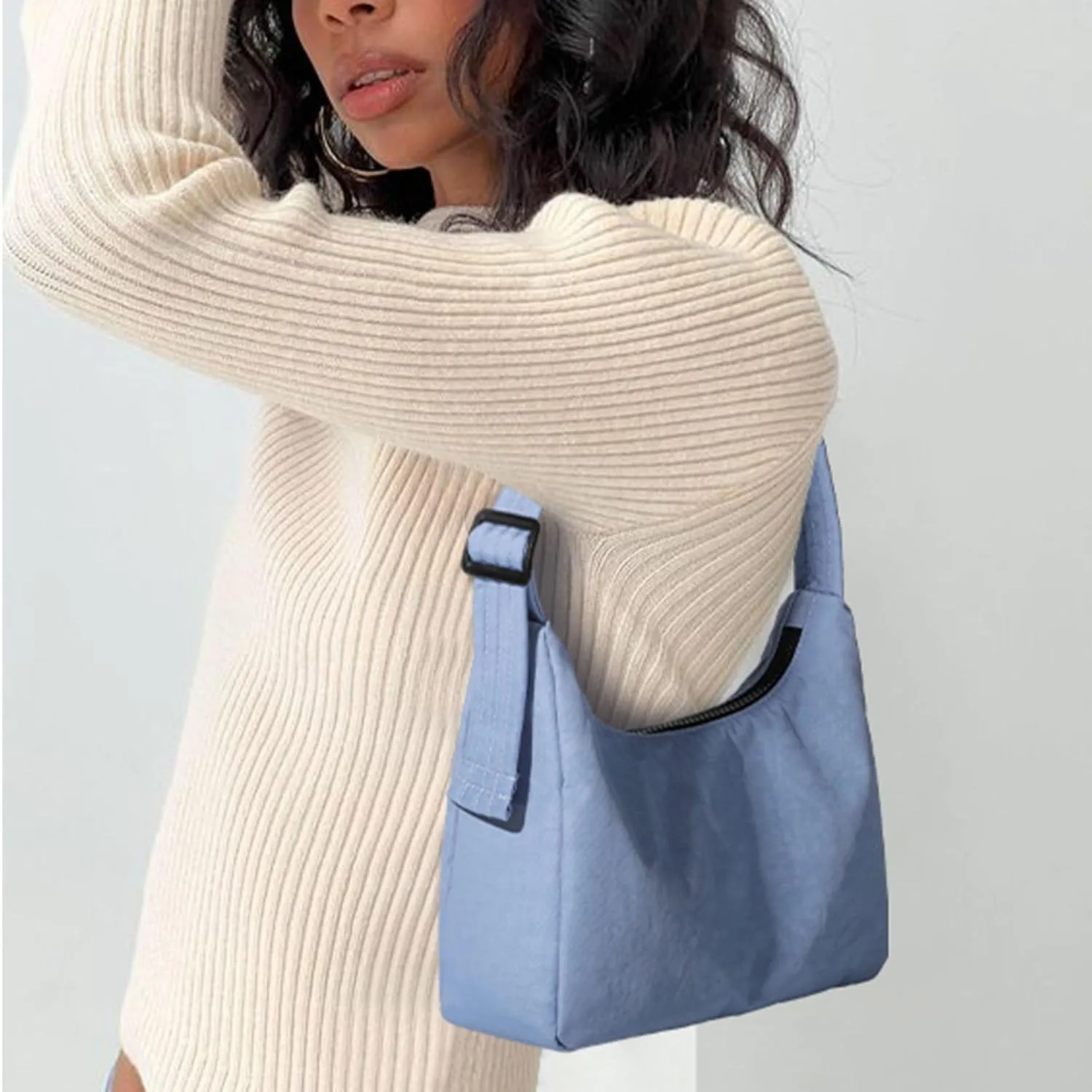 Nylon Shoulder Bag - Adjustable Quilted Strap, Structured Slouchy Design with Interior Zip Pocket