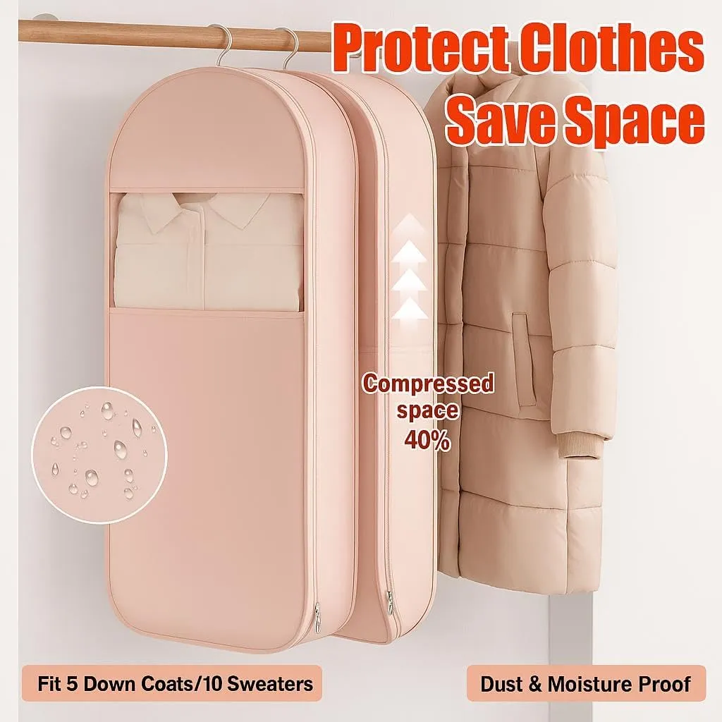 Otherwise Garment Bag, Space Saving Hanging Organizer with Self-Compression Zipper, Dust-Proof Storage for Down Coats, Parkas, Jackets, Sweaters, Suits, Seasonal Clothes (Pink XL)