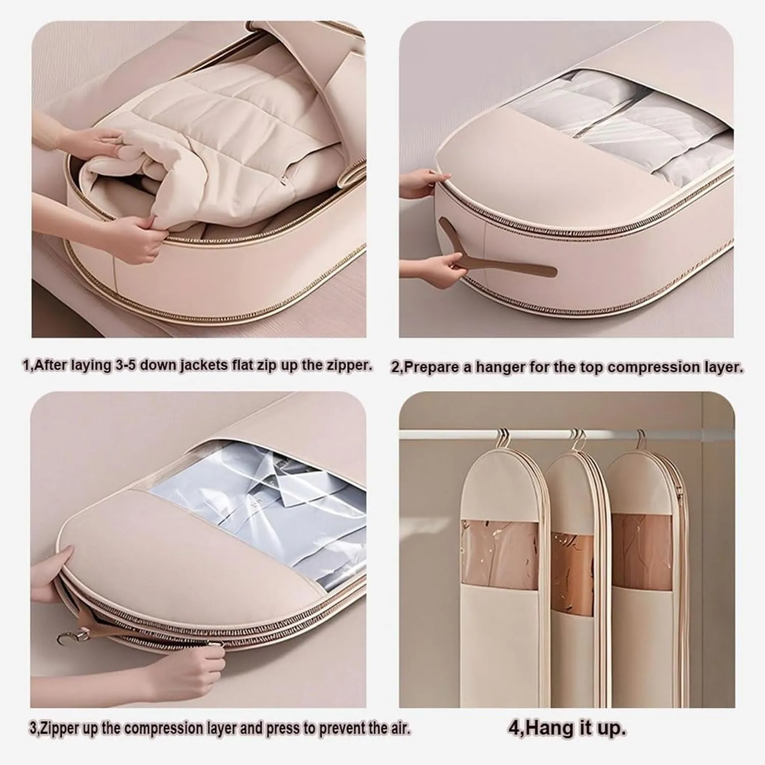 Otherwise Space Saving Garment Bag, Space Saving Hanging Garment Bag with Self Compression Zipper, Dust Cover Clothes Bags for Down Coat, Space Saver Closet Organizers
