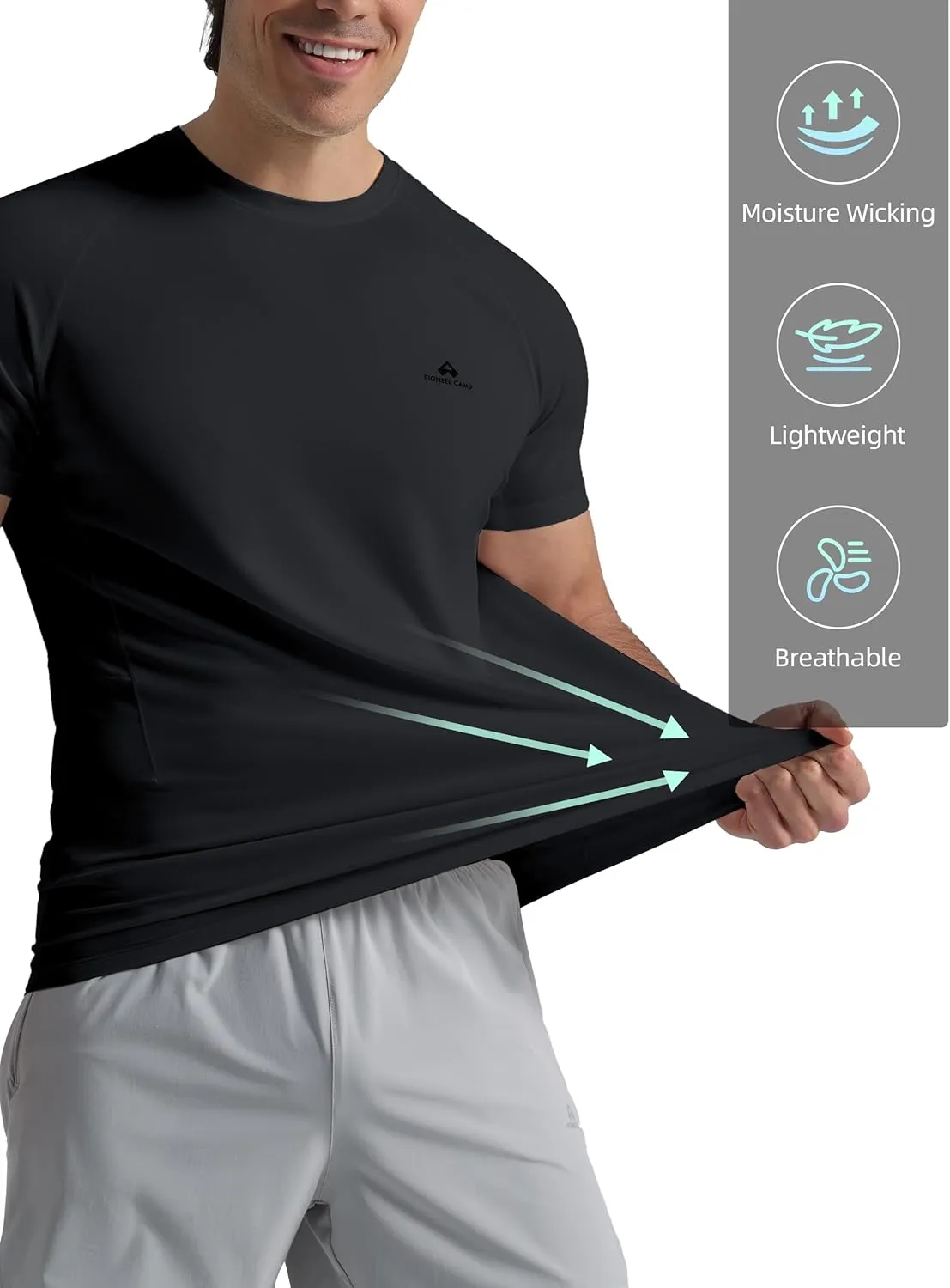 Pioneer Camp Mens Moisture Wicking Running Workout Shirt Performance Athletic T-Shirts UPF 50  Short Sleeve Active Gym Tops