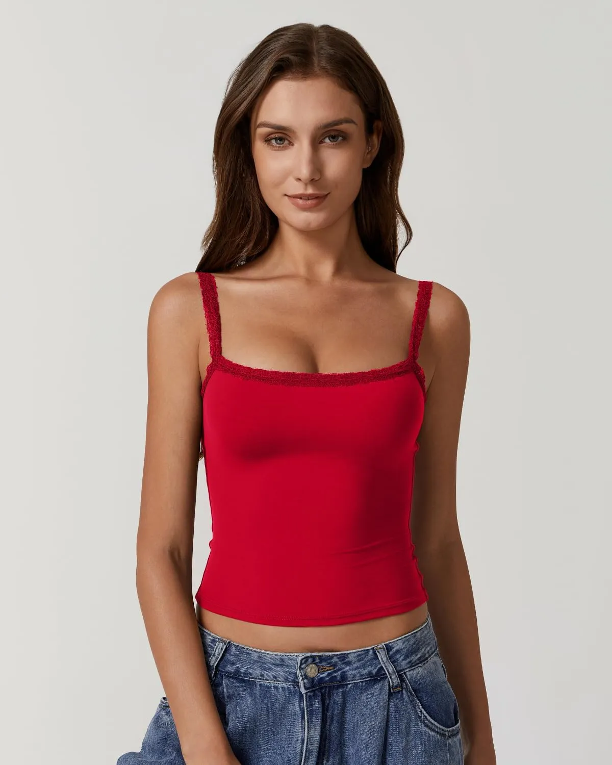 QINSEN Womens Square Neck Lace Trim Tank Top Double Lined Slim Fitted Y2k Going Out Camisole Shirts