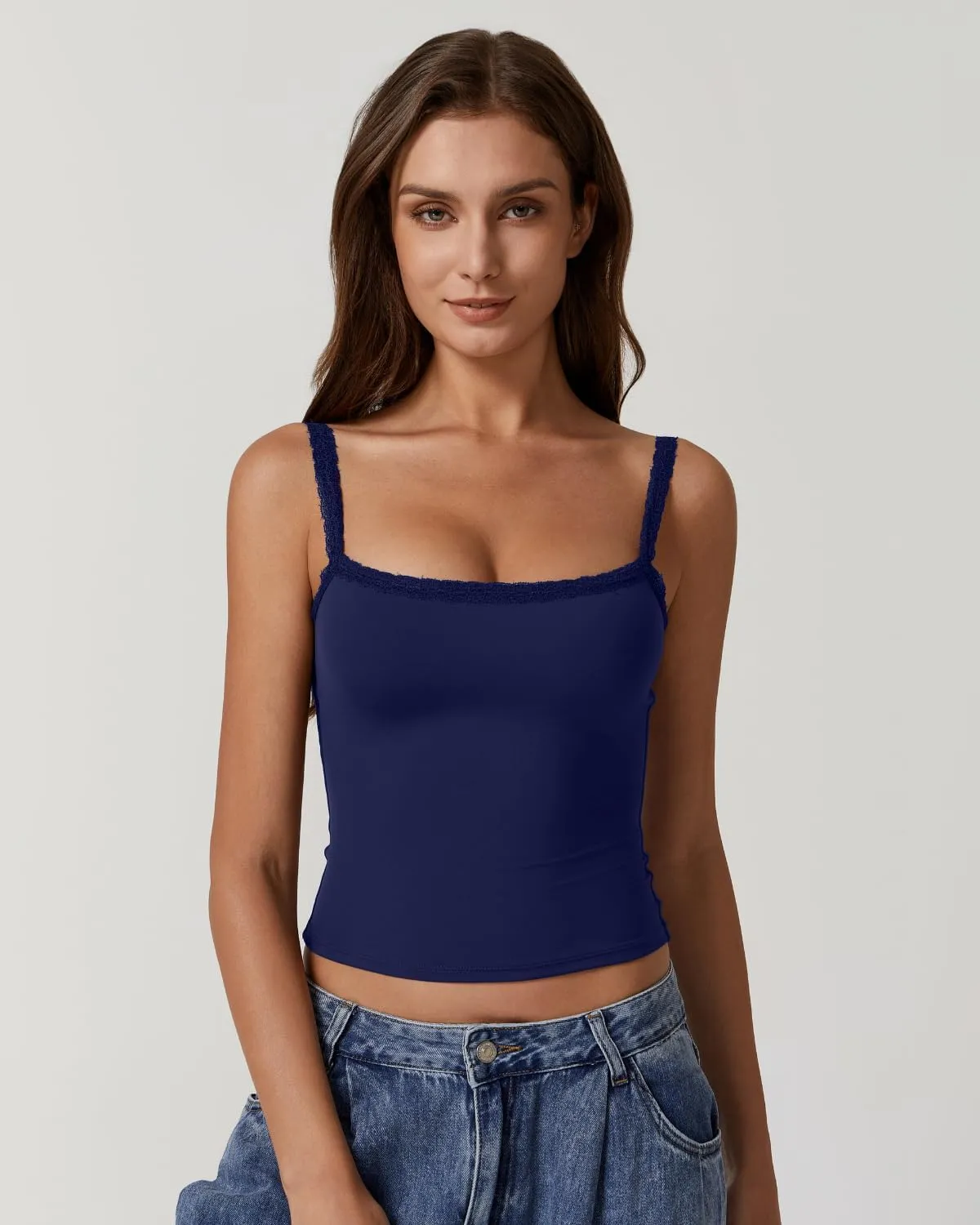QINSEN Womens Square Neck Lace Trim Tank Top Double Lined Slim Fitted Y2k Going Out Camisole Shirts