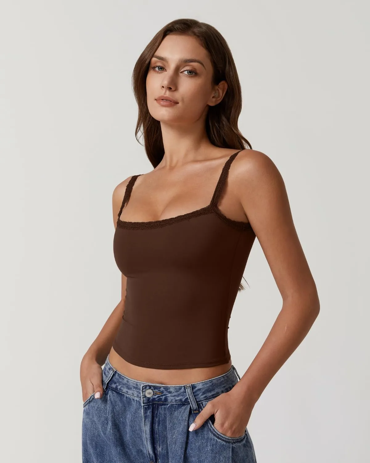 QINSEN Womens Square Neck Lace Trim Tank Top Double Lined Slim Fitted Y2k Going Out Camisole Shirts