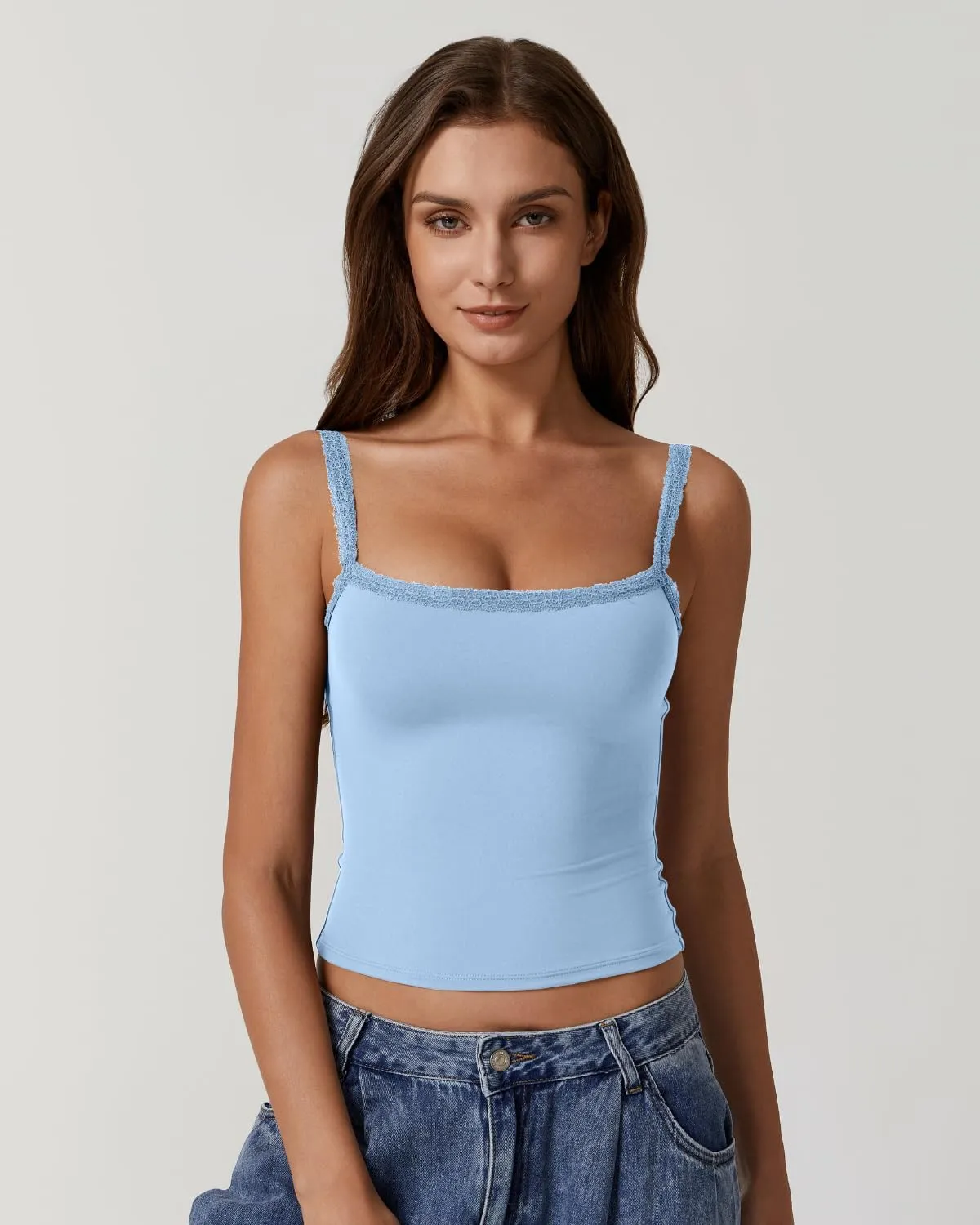 QINSEN Womens Square Neck Lace Trim Tank Top Double Lined Slim Fitted Y2k Going Out Camisole Shirts