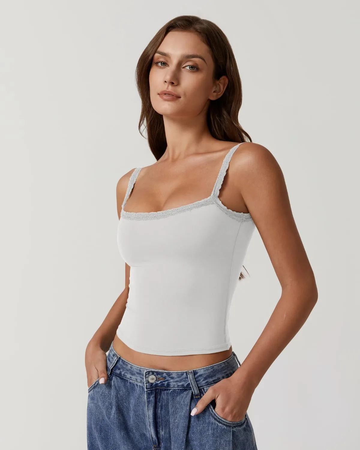 QINSEN Womens Square Neck Lace Trim Tank Top Double Lined Slim Fitted Y2k Going Out Camisole Shirts