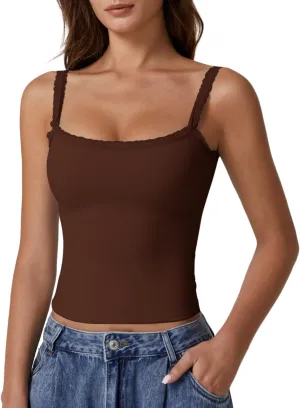 QINSEN Womens Square Neck Lace Trim Tank Top Double Lined Slim Fitted Y2k Going Out Camisole Shirts