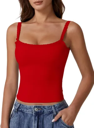 QINSEN Womens Square Neck Lace Trim Tank Top Double Lined Slim Fitted Y2k Going Out Camisole Shirts