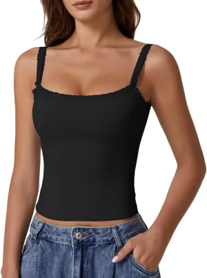 QINSEN Womens Square Neck Lace Trim Tank Top Double Lined Slim Fitted Y2k Going Out Camisole Shirts
