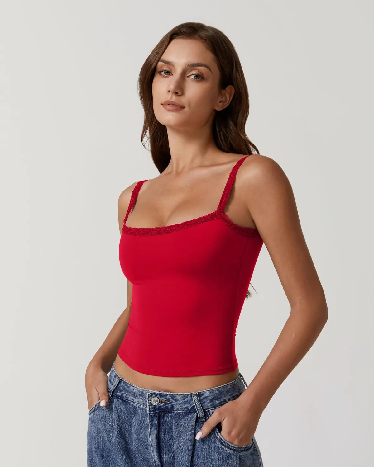 QINSEN Womens Square Neck Lace Trim Tank Top Double Lined Slim Fitted Y2k Going Out Camisole Shirts