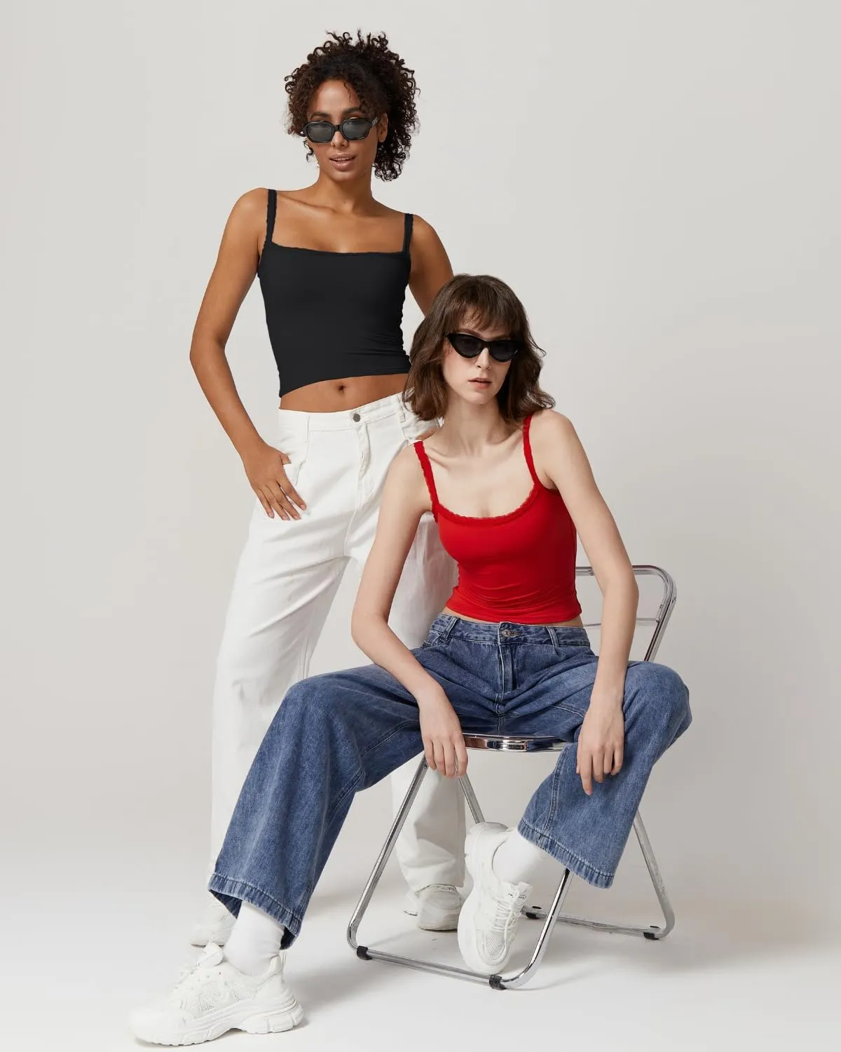 QINSEN Womens Square Neck Lace Trim Tank Top Double Lined Slim Fitted Y2k Going Out Camisole Shirts