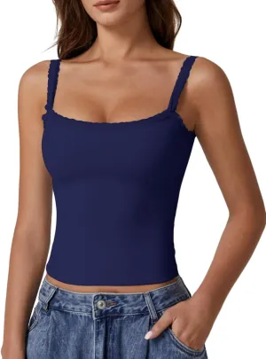 QINSEN Womens Square Neck Lace Trim Tank Top Double Lined Slim Fitted Y2k Going Out Camisole Shirts