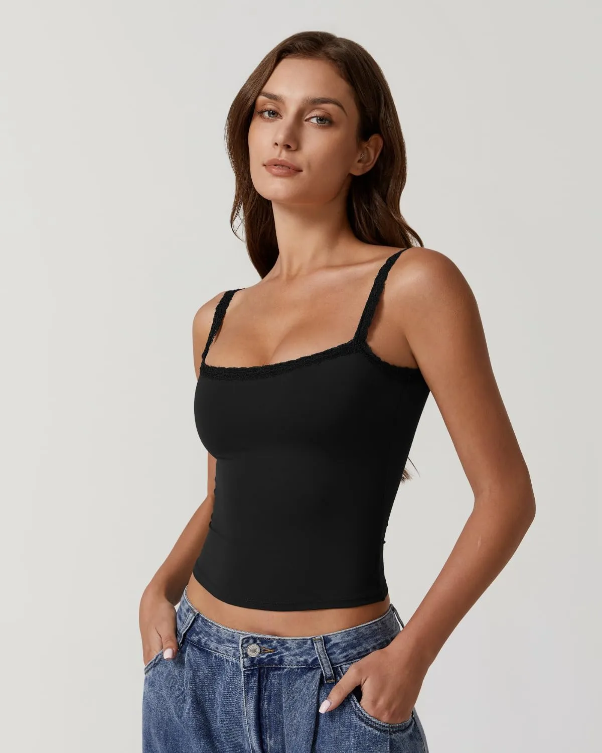 QINSEN Womens Square Neck Lace Trim Tank Top Double Lined Slim Fitted Y2k Going Out Camisole Shirts