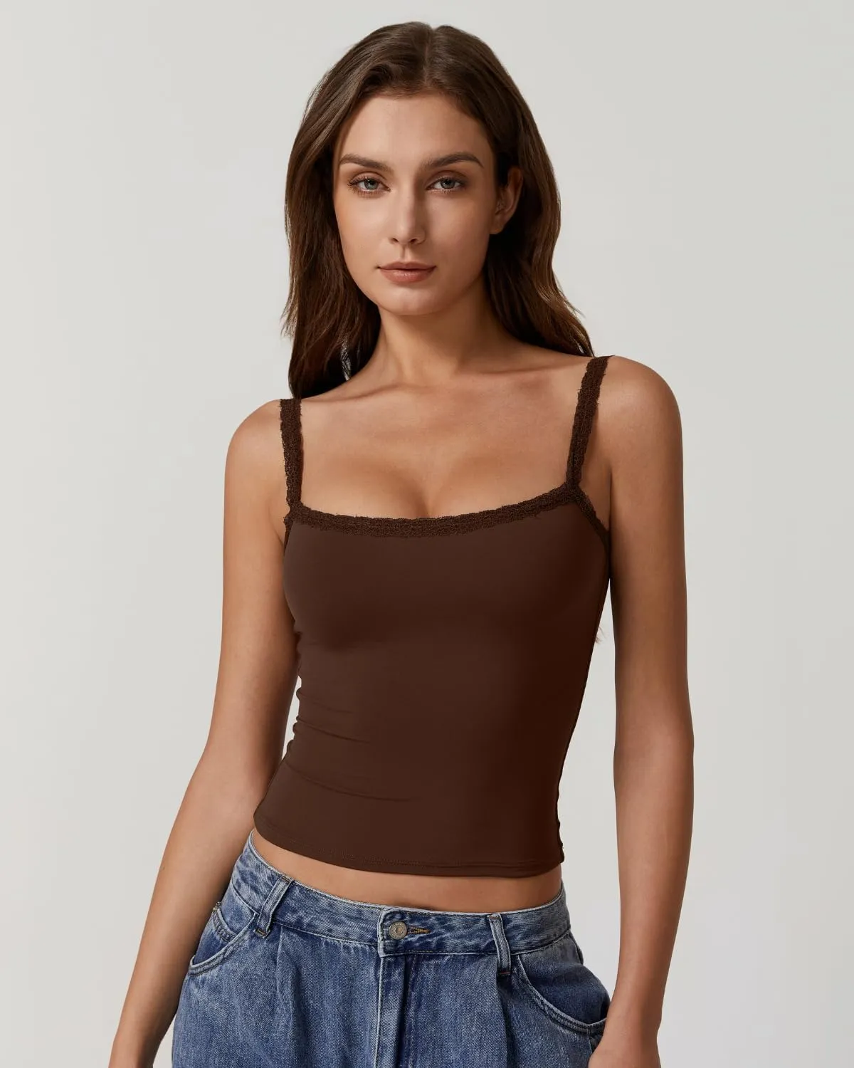 QINSEN Womens Square Neck Lace Trim Tank Top Double Lined Slim Fitted Y2k Going Out Camisole Shirts