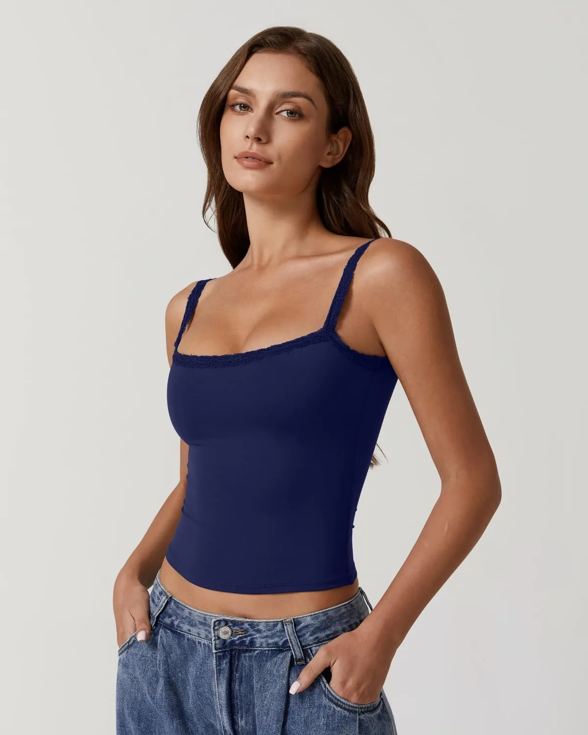 QINSEN Womens Square Neck Lace Trim Tank Top Double Lined Slim Fitted Y2k Going Out Camisole Shirts
