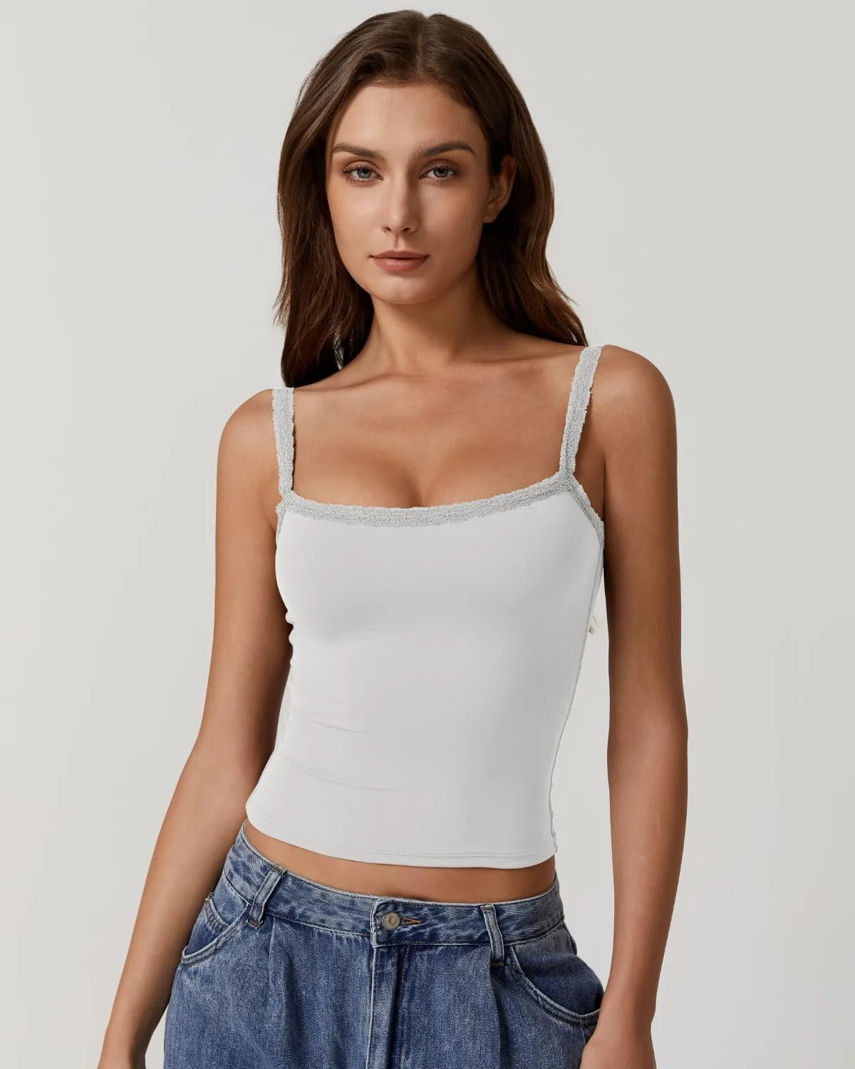 QINSEN Womens Square Neck Lace Trim Tank Top Double Lined Slim Fitted Y2k Going Out Camisole Shirts
