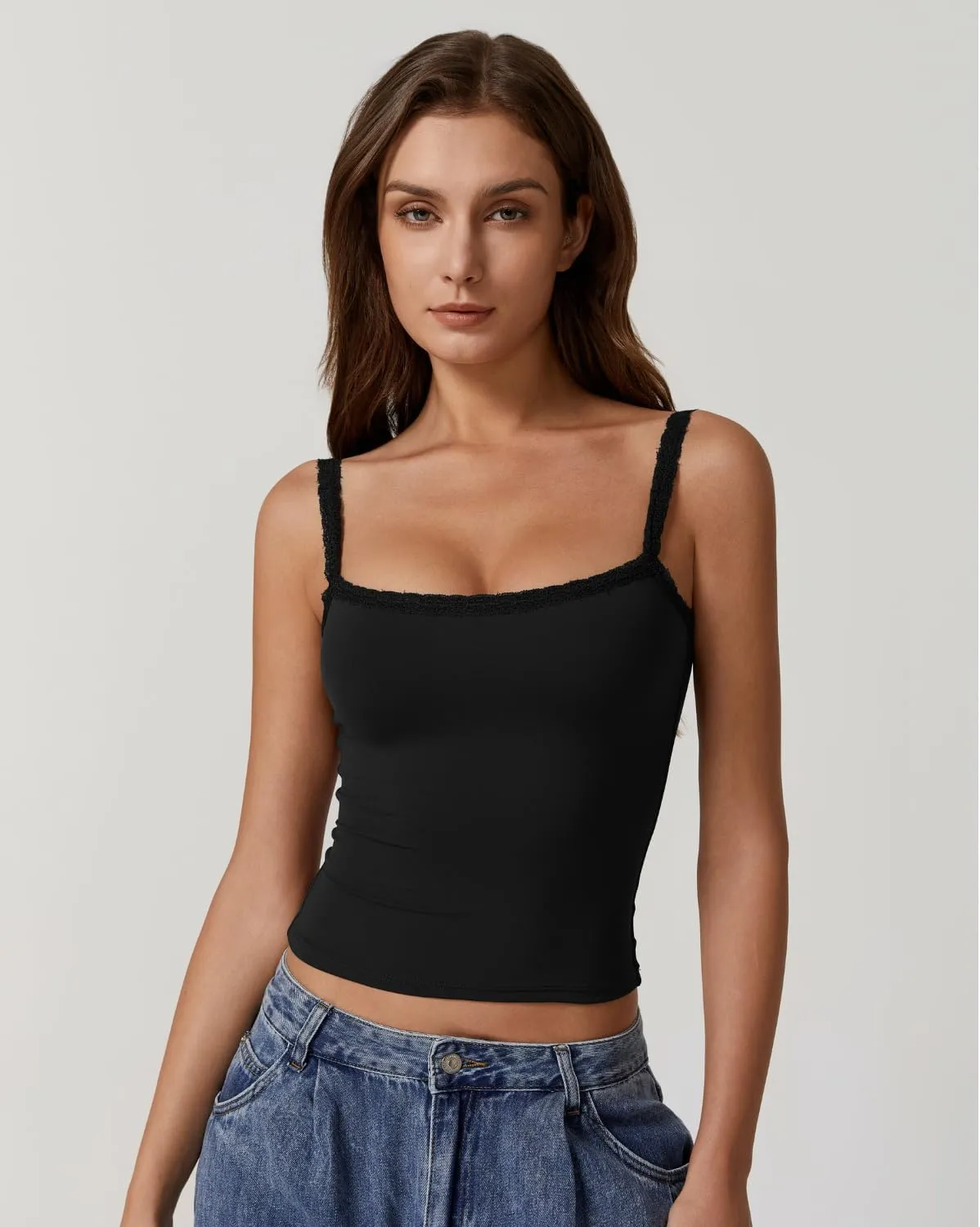 QINSEN Womens Square Neck Lace Trim Tank Top Double Lined Slim Fitted Y2k Going Out Camisole Shirts