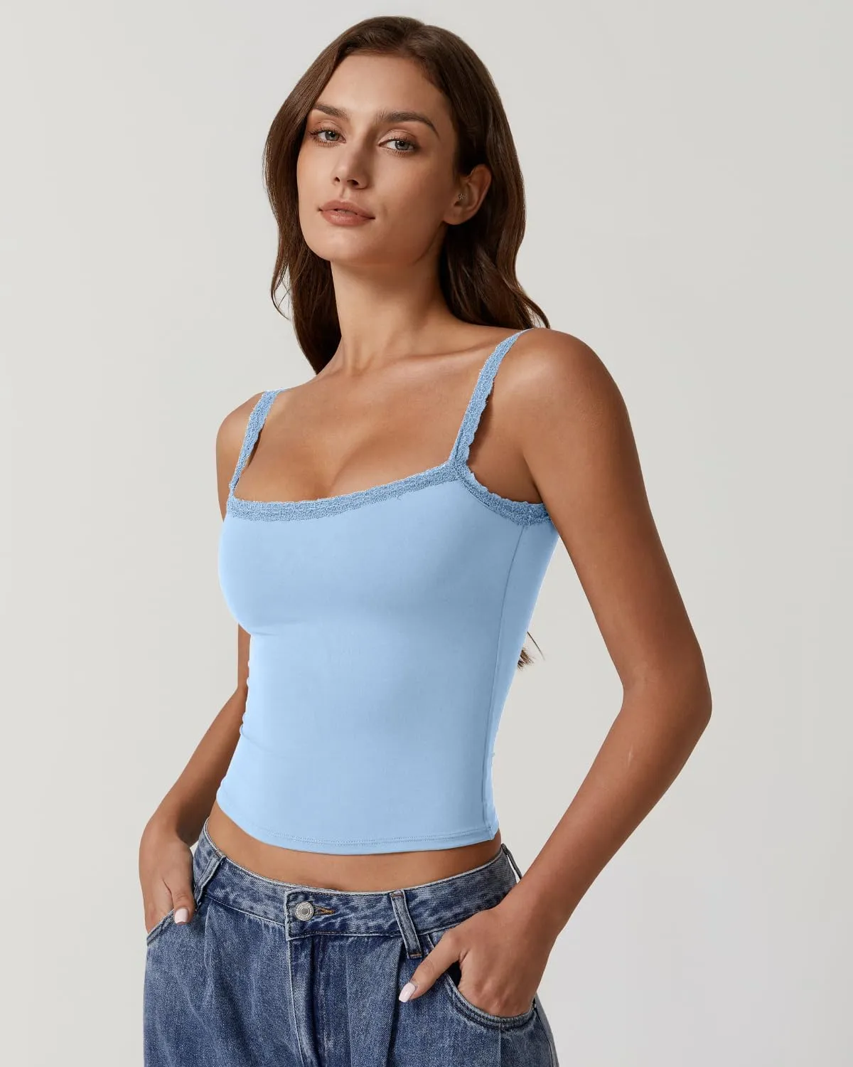 QINSEN Womens Square Neck Lace Trim Tank Top Double Lined Slim Fitted Y2k Going Out Camisole Shirts
