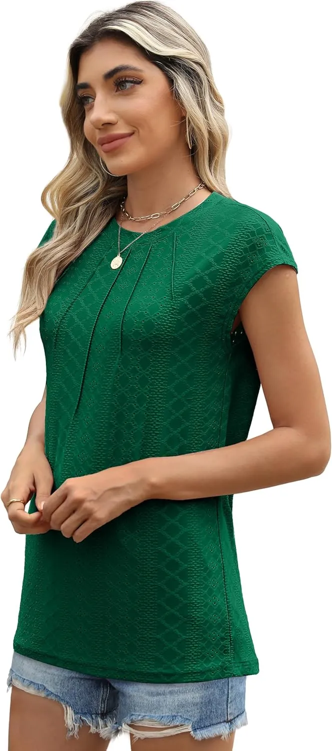 SAMPEEL Womens T Shirts Short Sleeve Pleated Dressy Casual Cap Sleeve Summer Tops Blouses