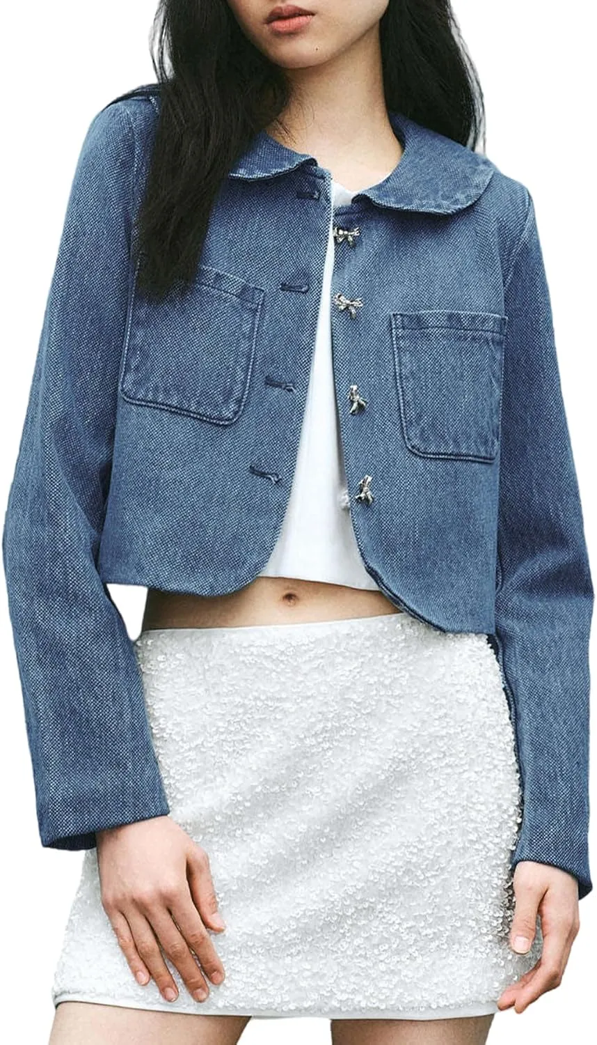 SCOFEEL Women's Cropped Denim Jacket Peter Pan Collar Jean Coat Casual Chic Outerwear Jacket with Rhinestone Bow